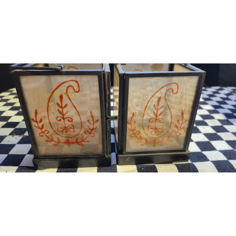 Vintage Boho‎ Metal Glass Paisley Embroidered Tea Light Lanterns Set of 2 Black